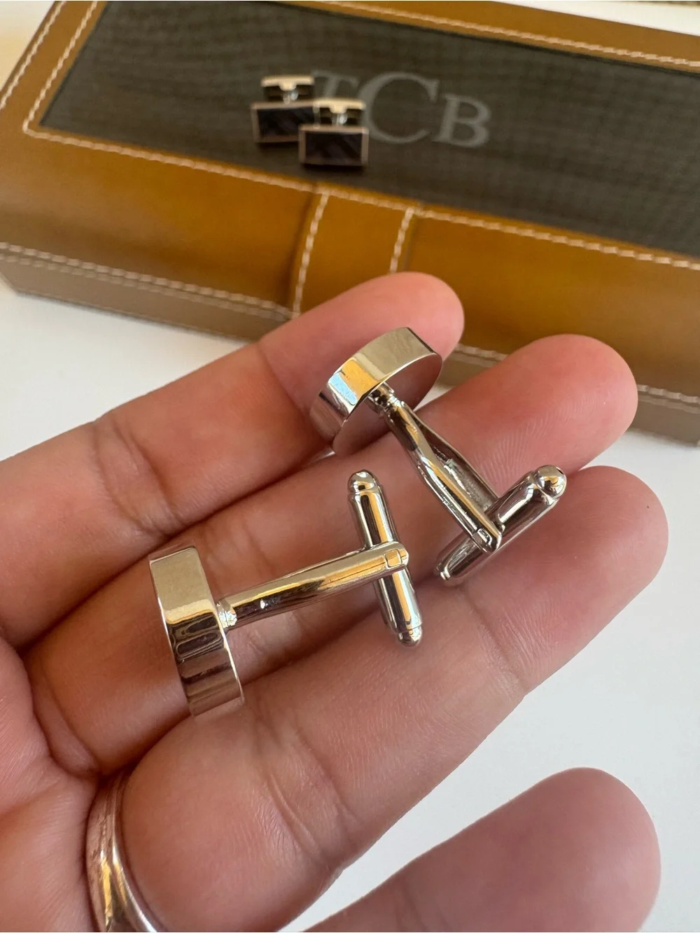 TCB Brown and Black Leather Cufflink Case with Silver-Tone Cufflinks